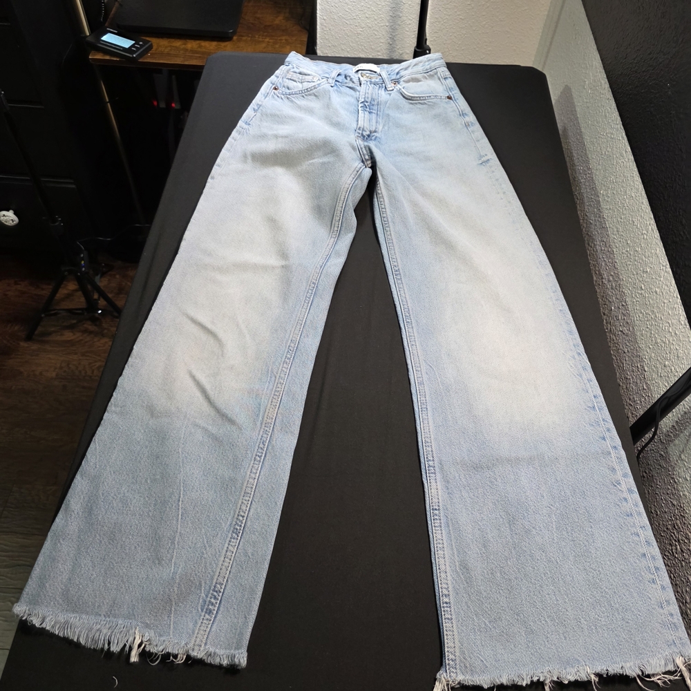 Zara Sky Blue Flare Jeans, Women's Size 0 Raw Hem